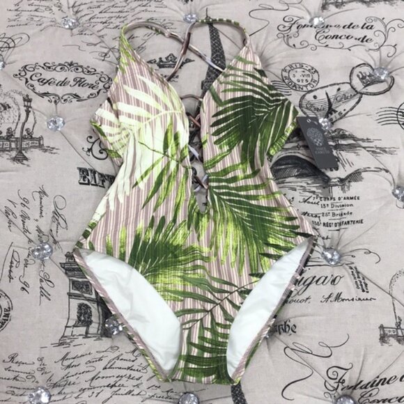 Vince Camuto Tropical Palm Printed Plunging V-Neck Swimsuit - Picture 3 of 8